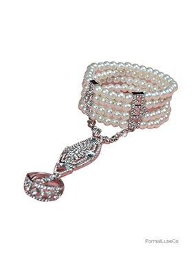 1920s Flapper Bracelet with Ring - Stretchy Imitation Pearl Rhinestone Retro